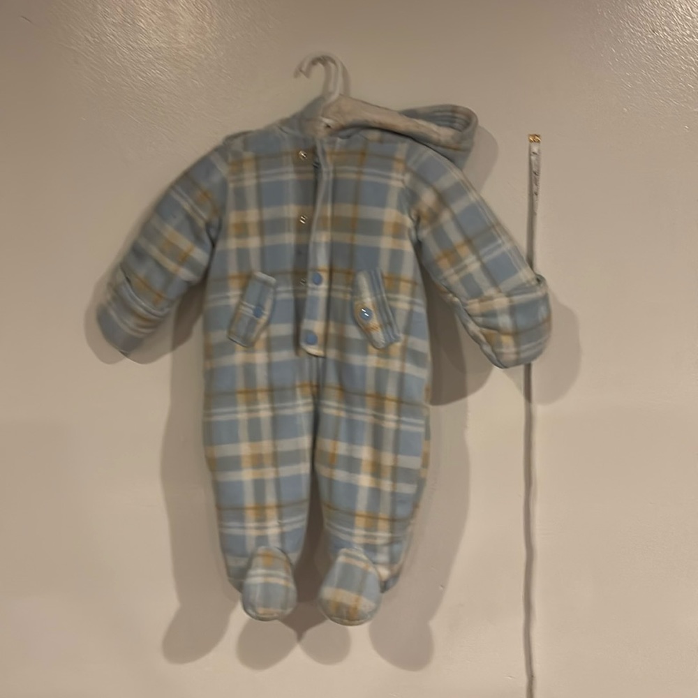 First Impressions Baby 3-6 month Plaid Blue&White Cotton Jumpsuit +Hood